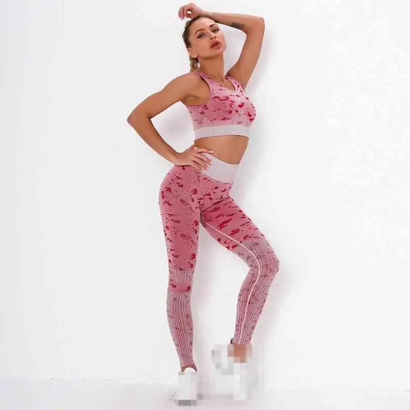 Vrouw sport pak fitness brassière camouflage yoga beha + kont tillen leggings elasticiteit running gym broek Ropa Deportiva 210514