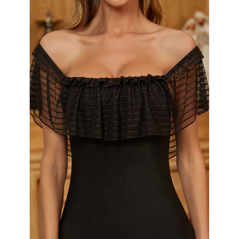 Été femmes Sexy robe de pansement noir une épaule Perspective maille à manches courtes Mini robe Club soirée Vestidos 210625