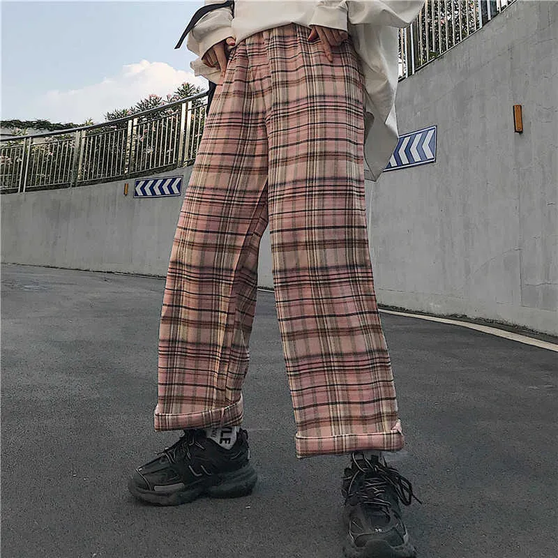 Harajuku plaid höst tunna lösa byxor kvinnor rosa full längd byxor streetwear bf stil pantaloner mujer våren 210925