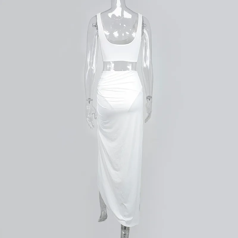 NewAsia blanc haut court deux pièces ensemble femmes Sexy dos nu taille haute torsion côté fendu moulante jupes 2 pièces vêtements d'été 210413