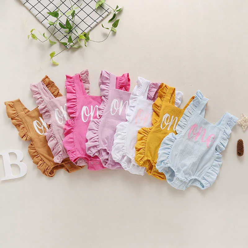 Cotton Linen Baby Girls Ruffles Oneise Romper for Children Lovely Solid Soft Clothing Toddler 1st Birthday Costume 210529