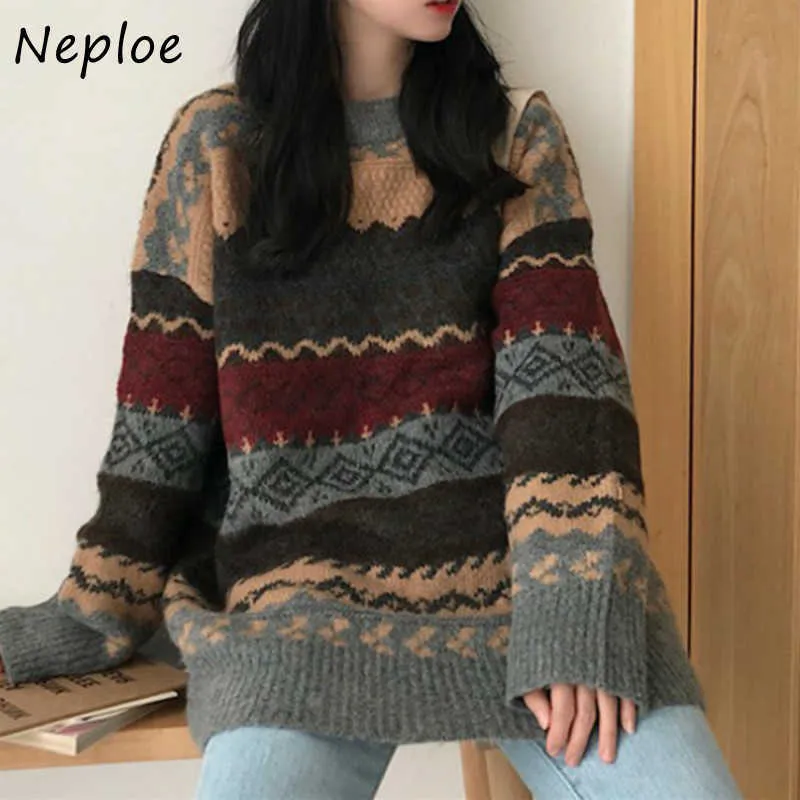 Neploe Vintage Print Pullover Frauen O Neck Pullover Langarm Pull Femme Herbst Winter Lose Sueter Warme Outwear 210914