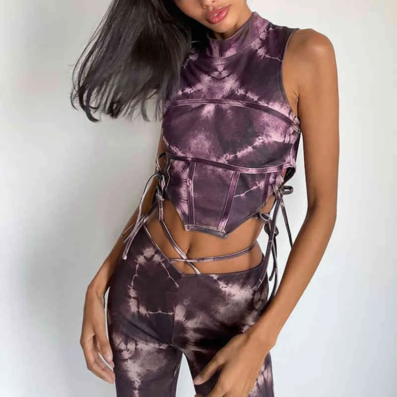 Y2K Tie Dye O Neck Skinny Women Side Drawstring Crop Top Sexy Casual Lounge Sleeveless Patchwork Lolita All-Match Female Suits 210517