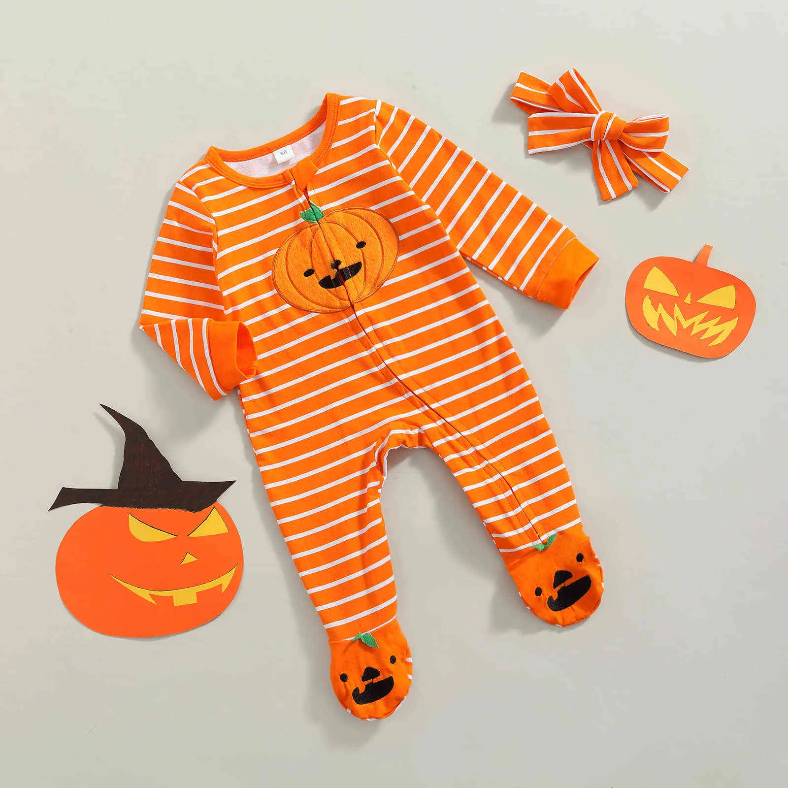Mababy 3-12m 1e Halloween geboren baby babymeisje kostuums gestreepte pompoen jumpsuit schattige rompertjes partij kleding hoofdband D84 211101