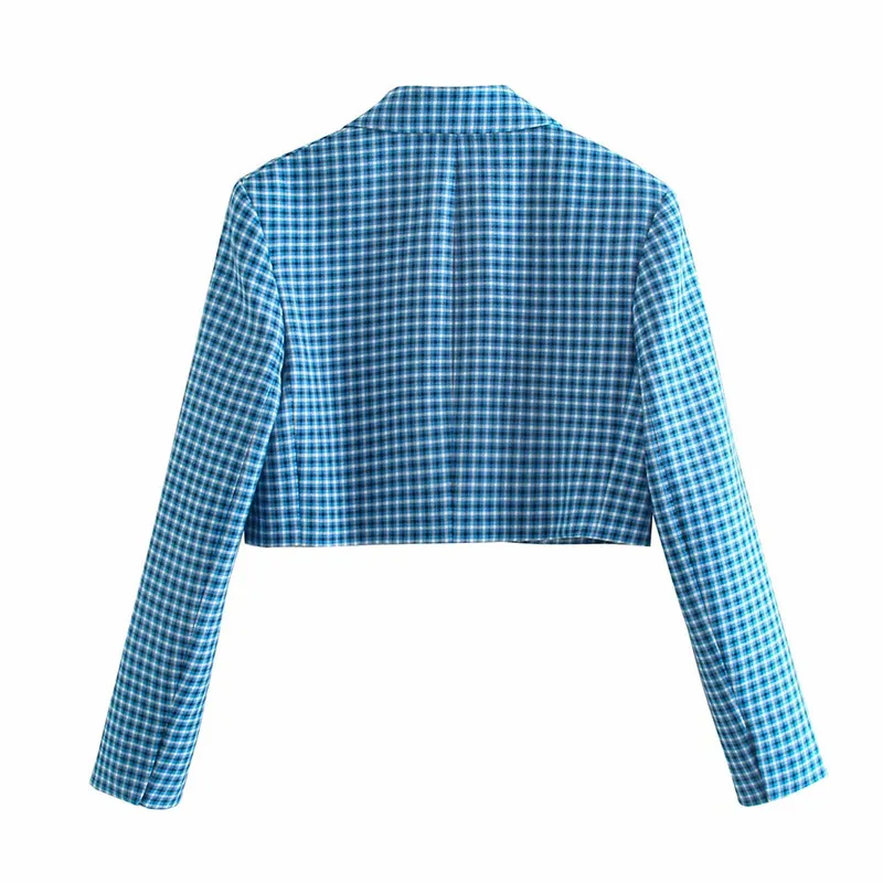 Women Two-piece Set Blue Plaid Vintage Office Lady Single Button Short Blazer Female Streetwera Slim High Waist Skirt Suits 220302