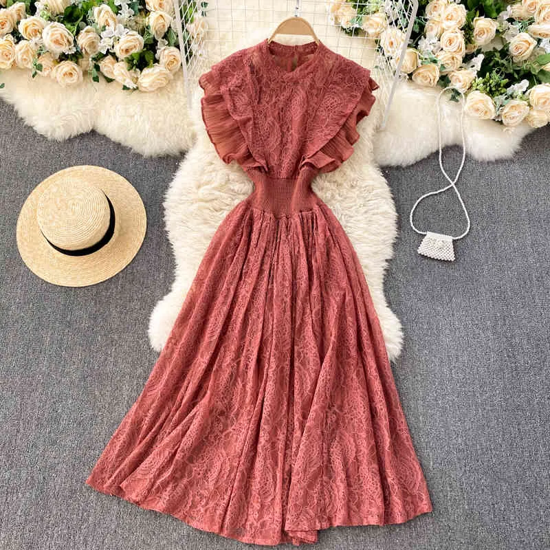 Singreiny Women French Elegant Lace Dress O Neck Ruffle Hollow Backless A-Line Klänning Sommar Elastisk Ruched Streetwear Midi Dress 210419