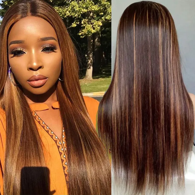 Long Straight Synthetic Wig Mix Color Simulation Human Hair Wigs for White and Black Women That Look Real JC0035