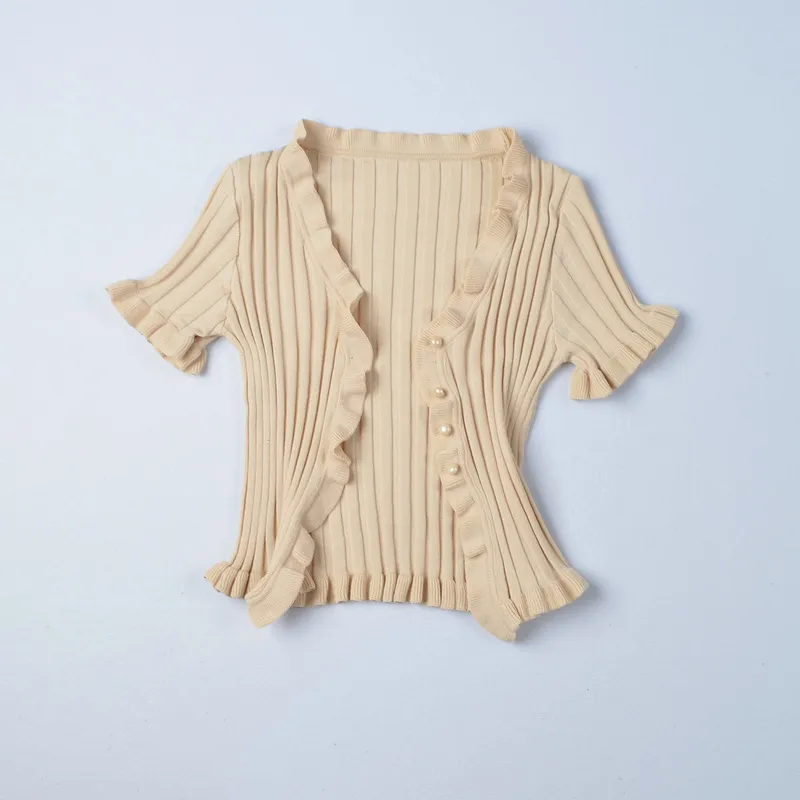 Pull en tricot d'été femme femmes à volants garniture Crop Cardigan en tricot avec manches courtes col en V profond Crop pull décontracté pull femme 210514