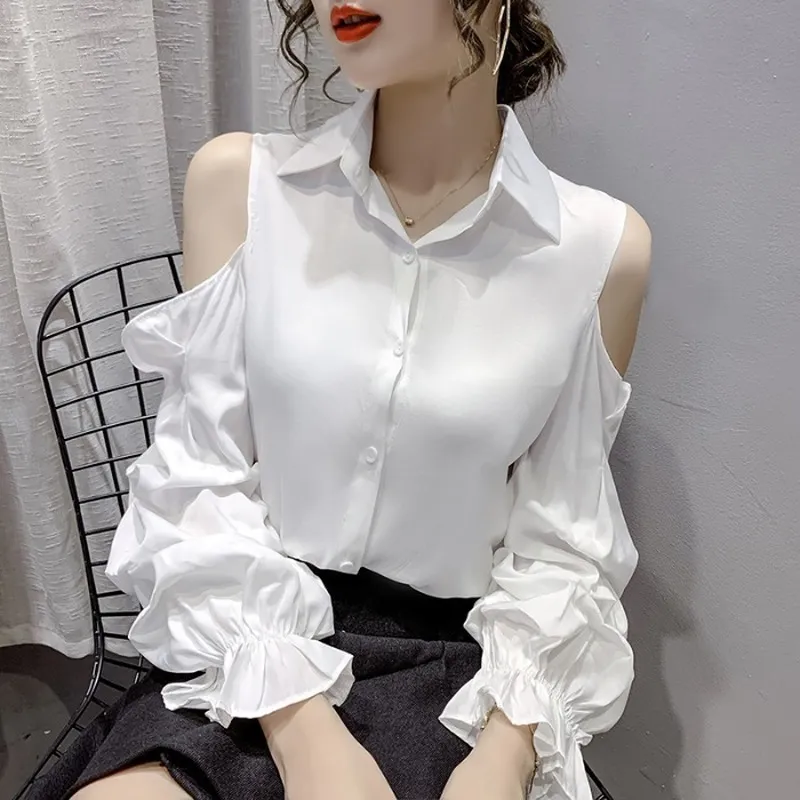 Ezgaga Elegant Blouse Women Puff Sleeve Turn-Down Collar Korean All-Match Solid Slim Off Shoulder Fashion Female Shirts Sexy 210430