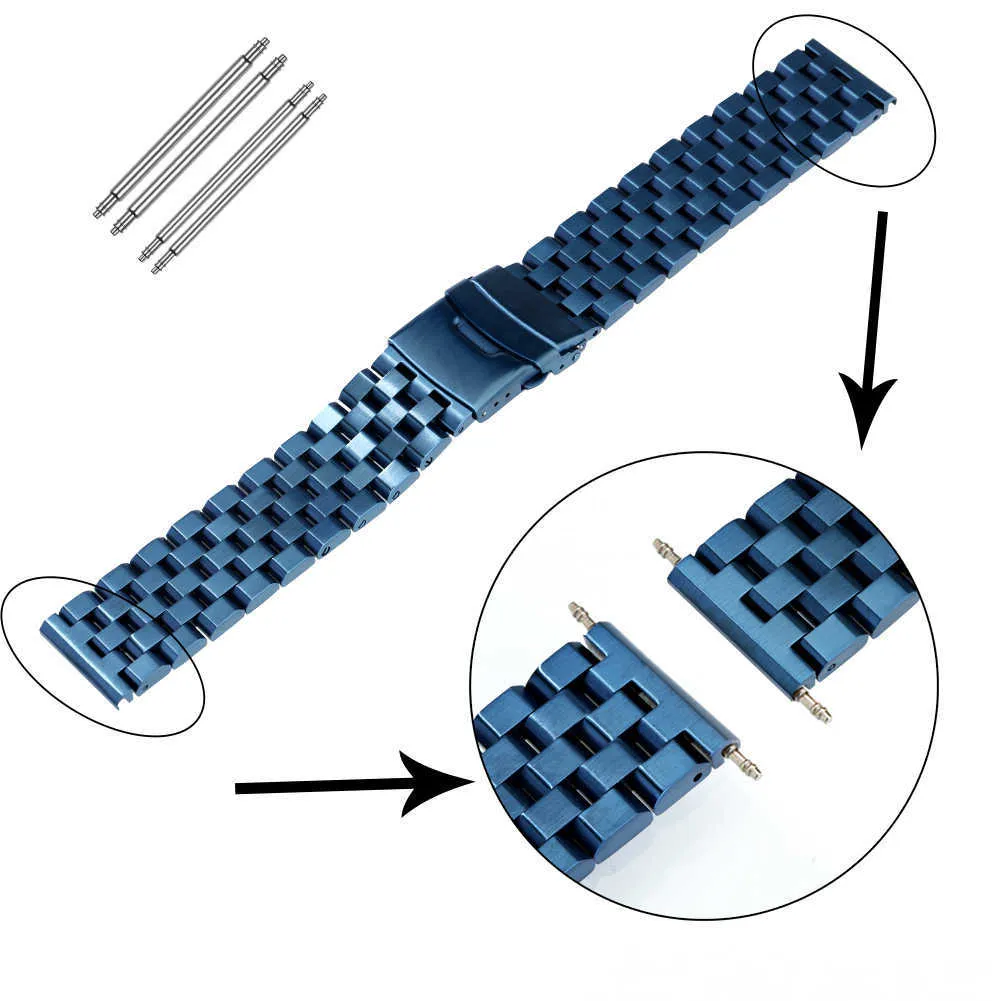 Azul Aço Inoxidável Watchbands Pulseira 20mm 22mm 24mm Solid Metal Watch Strap Cinto de Pulso Substituição Barras de Primavera Acessórios H0915