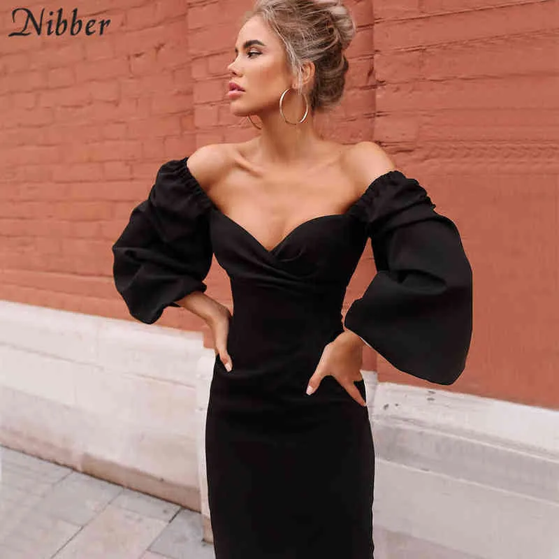 Nibber sexy reines V-Ausschnitt schulterfreies, figurbetontes Kleid für Frauen Clubwear Weihnachtsfeiernacht Grundlegende elegante Midi-Kleider Mujer Y1204