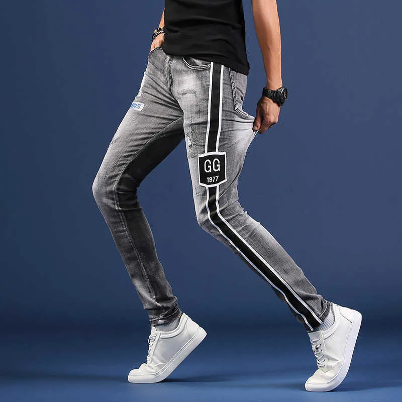 Stylish High Quality Mens Elastic Washed Denim Printed Jeans, Light Luxury Slim-fit Casual Jeans,Young Boys Must; 211011
