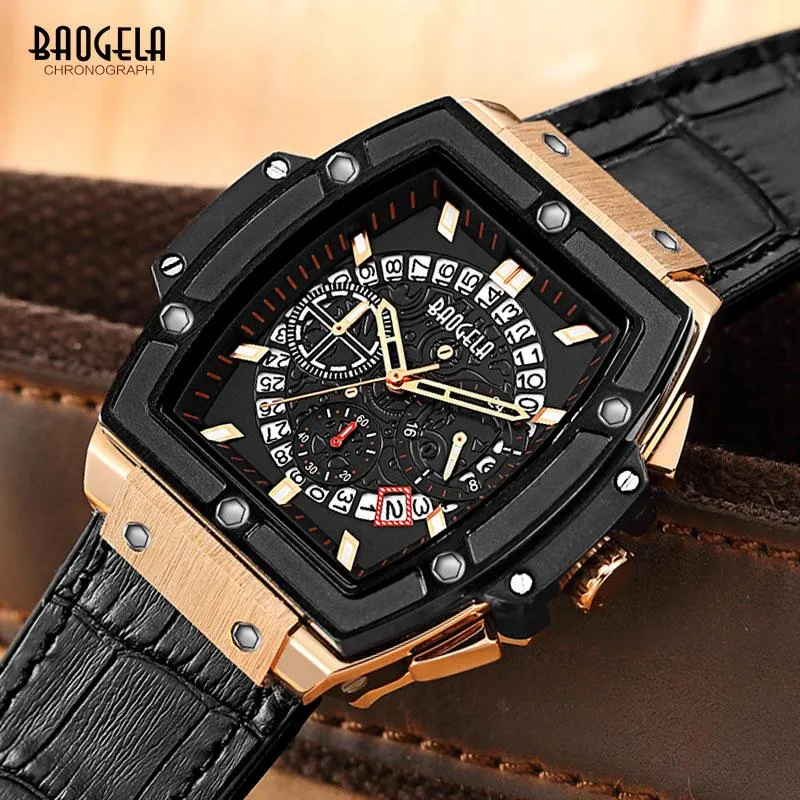 Baogela Chronograph Waterproof Quartz Wrist Watches for Men Rose Gold Leather Sports Watch Words Relojios Masculinos 1703Rose Wristw284p