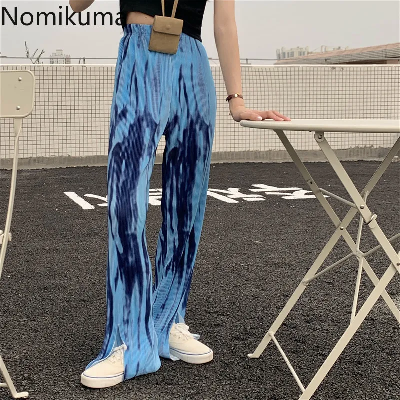 Nomikuma Tie Dye Stampato Pantaloni a Gamba Larga Donna Casual Allentato Pantaloni a Vita Alta Estate Split Design Dritto Pantalones Femme 210514