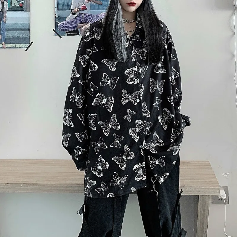 Kimutomo vår vintage blus kvinnor hong kong stil tecknad fjäril nedbrytning krage långärmad skjorta streetwear lös 210521