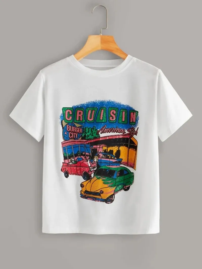 Cruisin Auto Gedrukt Zomer Mode Tumblr Locomotive Stijl Harajuku Cool Grunge Hipster 70s Vintage Women Tee T-shirt 210518