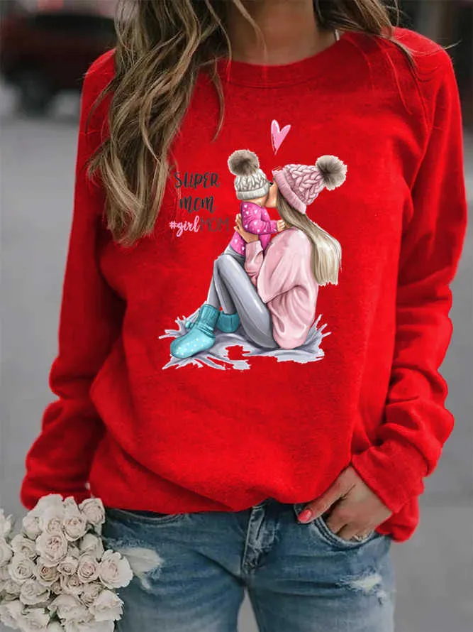 Super mamma tryckta hoodies kvinnor fleece långärmad o nacke lös tröja tjejer hoodie pullovers vinter höst 210805