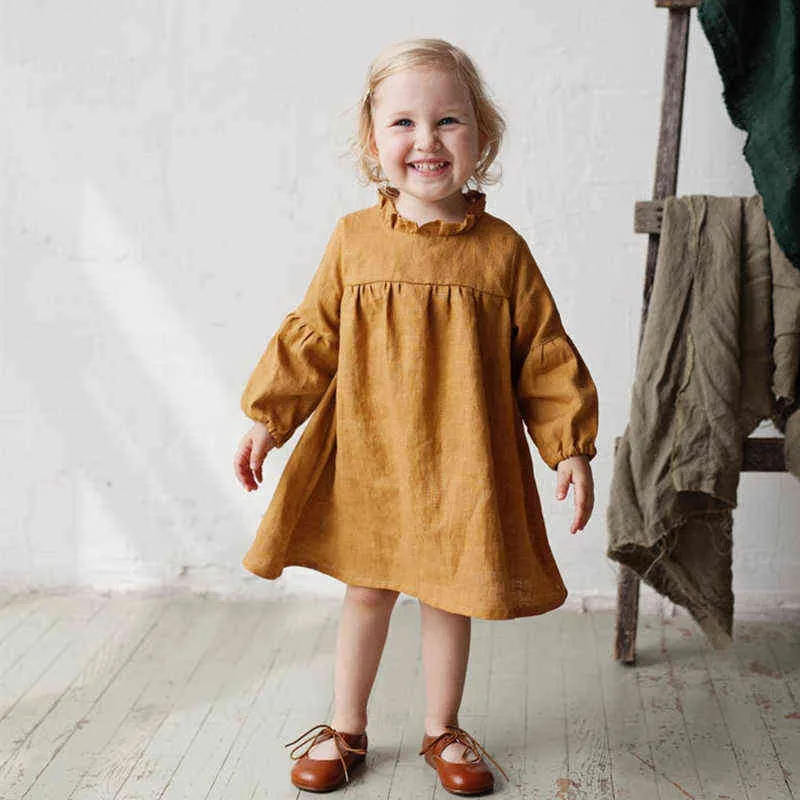 Autumn Toddler Kids Baby Girl Dress Pastoral Style Ruffles Long Sleeve Solid Cotton Linen Party Casual Dress Children's Clothes G1218