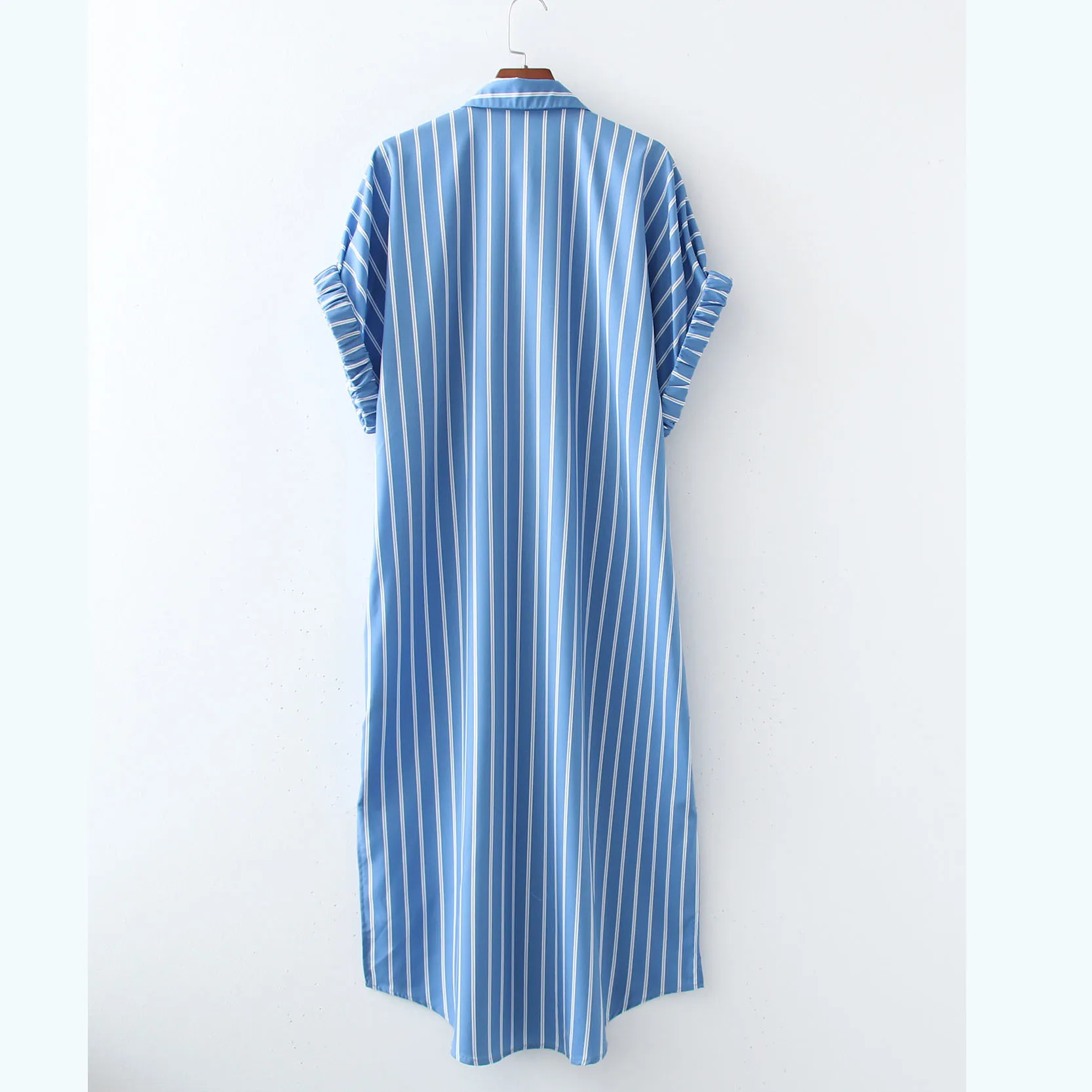 H.SA Kvinnor Sommarklänningar Slå ner Krage Striped Shirt Lång Vestidos Side Split Straight ShirtDresses Casual Beach Robe 210417