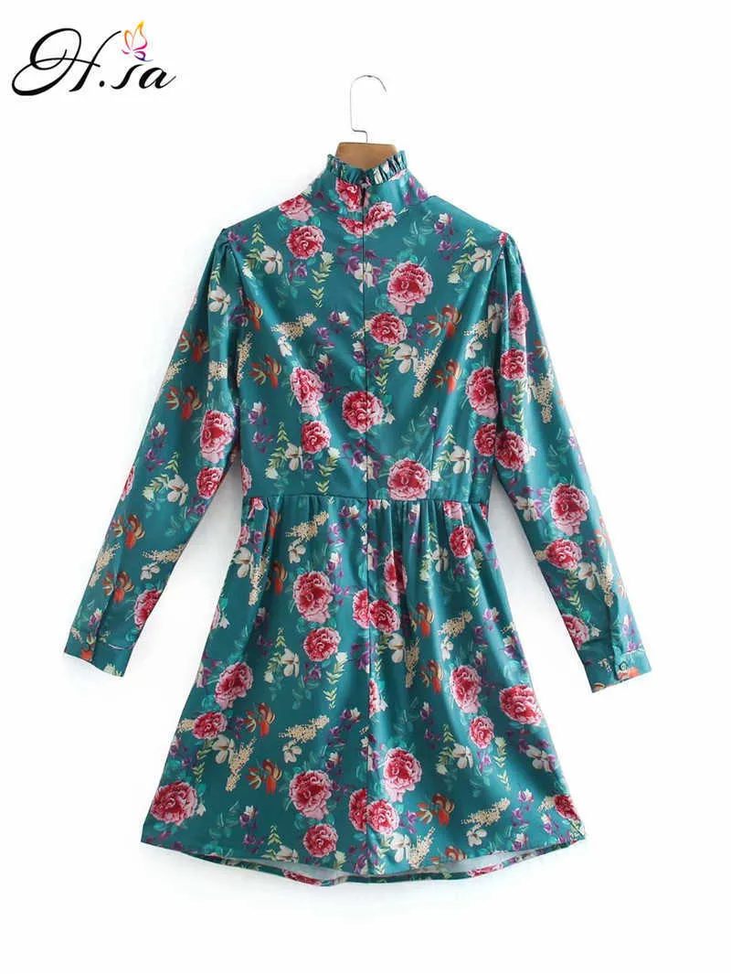 H.SA Women's Clothes Floral Print Vintage Dress Front Button Chiffon Shirt Dress Simple Daily Vestidos Female Dress 210716