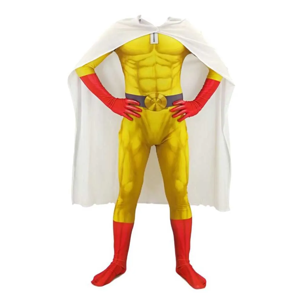 Anime One Punch Man Costumes Super-héros Saitama Cosplay Hommes Garçons Halloween Combinaison Tenues avec Cape Cape Ensemble Complet Enfants Adulte Q0910