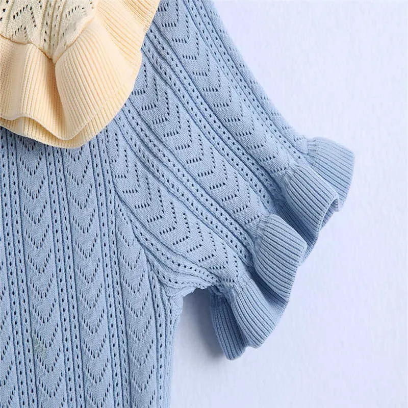 Za patchwork ruche gebreide lente trui vrouwen korte bladerdeeg mouw blauwe trui vrouwelijke fashion vintage fitted gebreide top 210602