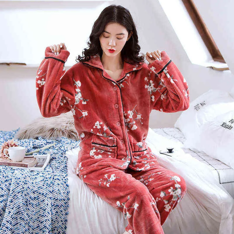 Herbst Winter Frauen Flanell Pyjamas Sets Mädchen Nachtwäsche Anzug Dicke Warme Pyjamas Weiche Nachthemd Weibliche Cartoon Tier Pijamas 211112