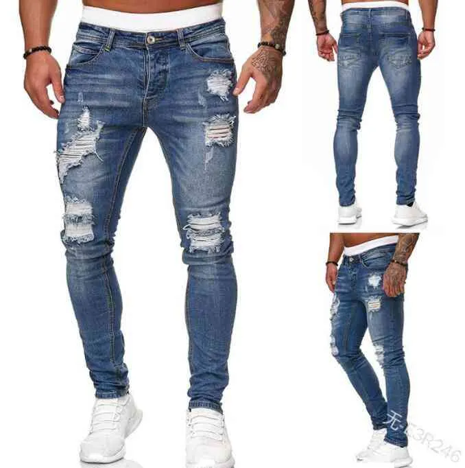 Мужская дыра разорванная скинни джинсы мужская мода окрашенная в рисунок с морщин