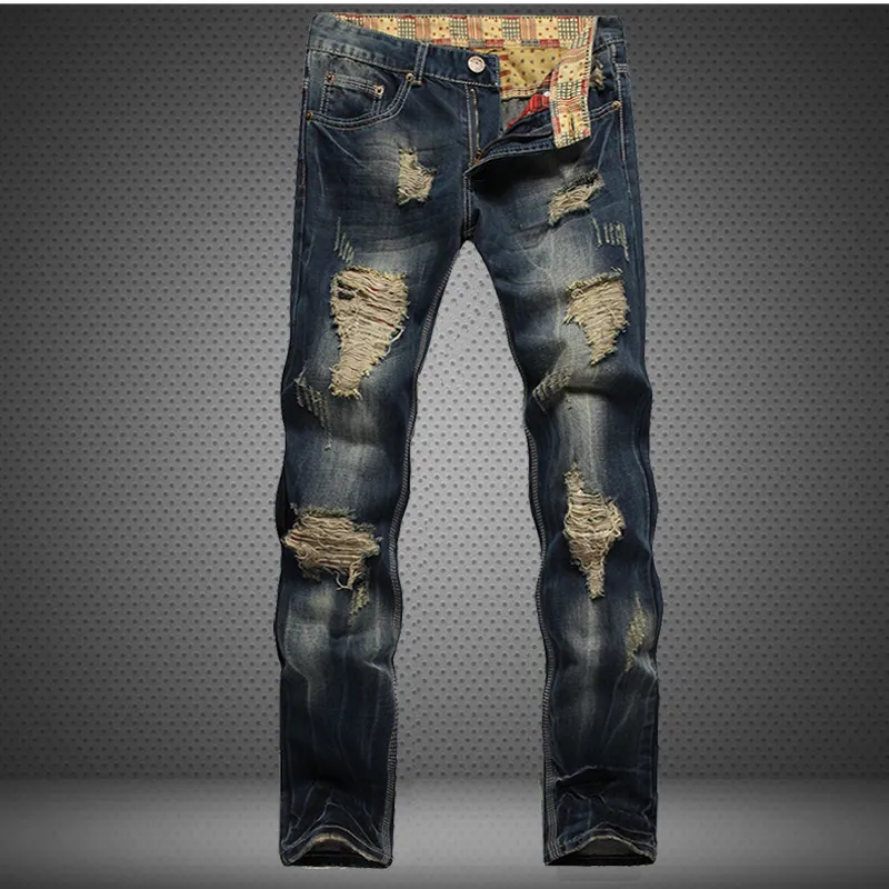 Originalmärke Mäns Denimbyxor Män Biker Cowboy Byxor Hip Hop Jeans Broken Fashion Design Straight Ripped Bomull