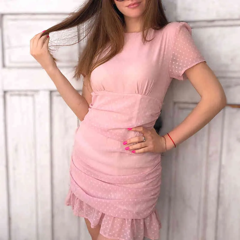 ピンクの女性ソフトジャカードMIDIドレス夏のファッションレディースフリルスウィートドットESパーティーガールズビンテージスリムシック210427