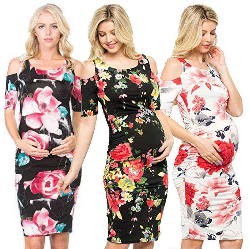 Yeni Anne Elbiseler Bayanlar Off-Omuz Baskı Çok Yönlü Ince Gebelik Giyim Kadın Çiçek Renk Elbise Rahat O-Boyun Dresse G220309