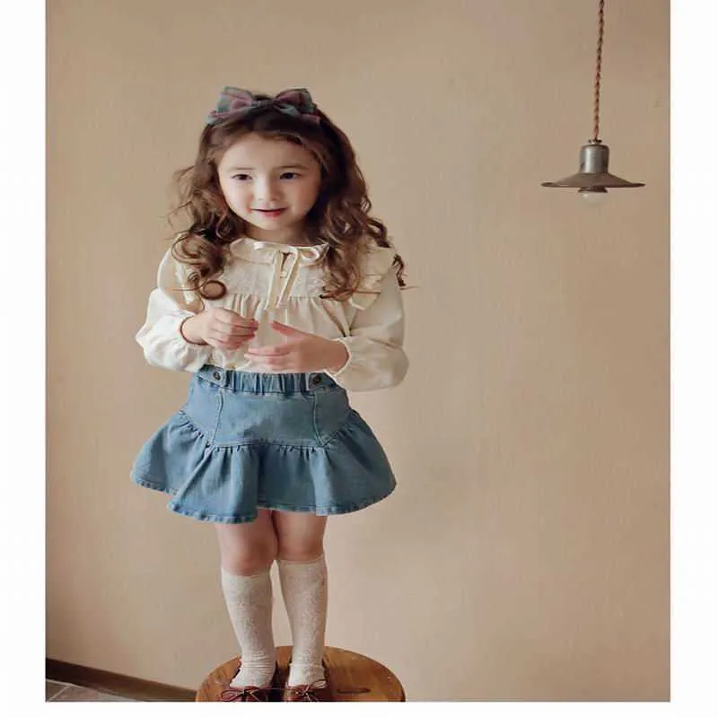 T-shirt ragazze coreane Autunno Inverno Ragazza Carino Pizzo Cotone manica lunga Abbigliamento bambini E20582 210610