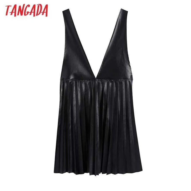 Tangada mode femmes noir Faux cuir robe sangle sans manches dames automne hiver tunique Mini robe Vestidos BE44 210609