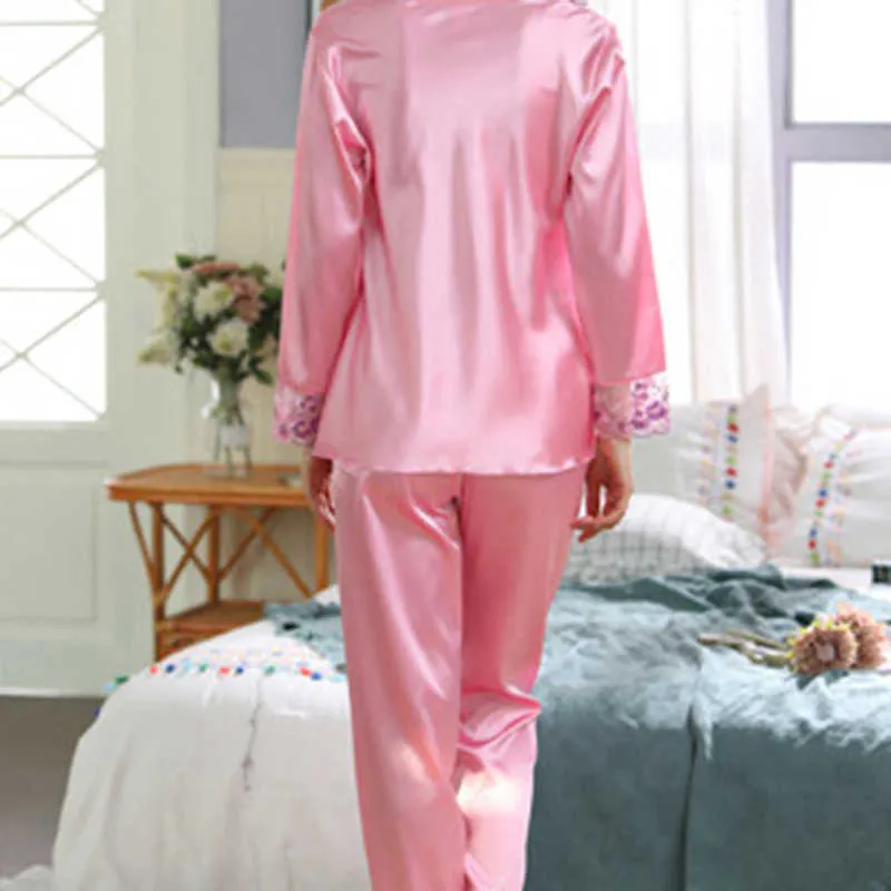 Femmes pyjamas deux pièces à manches longues pantalon dentelle décoration soie tissu loisirs Homewear col carré conception chemise de nuit 210809