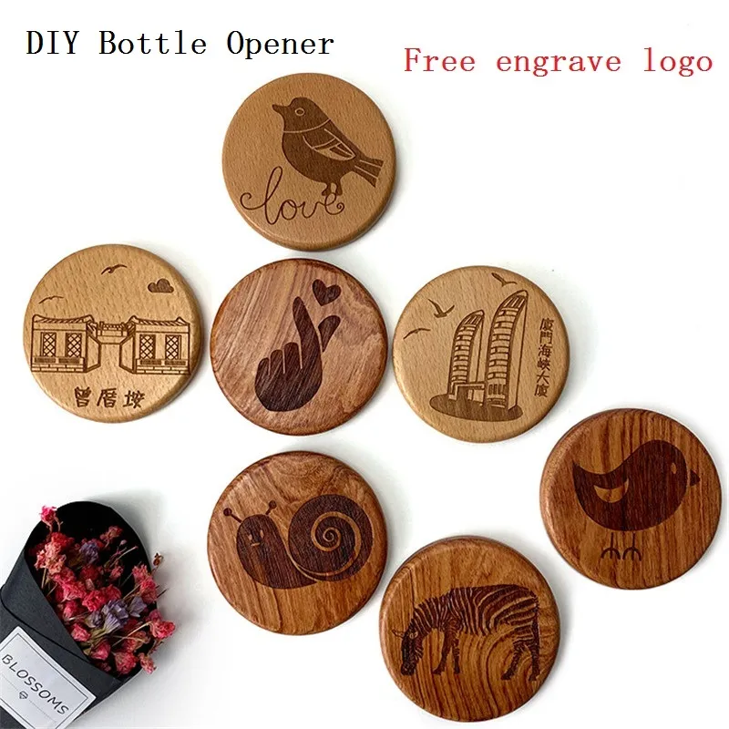 Modischer Flaschenöffner aus Holz in runder Form, Untersetzer, Kühlschrankmagnet, Dekoration, Bierflaschenöffner, kostenloses Logo gravieren