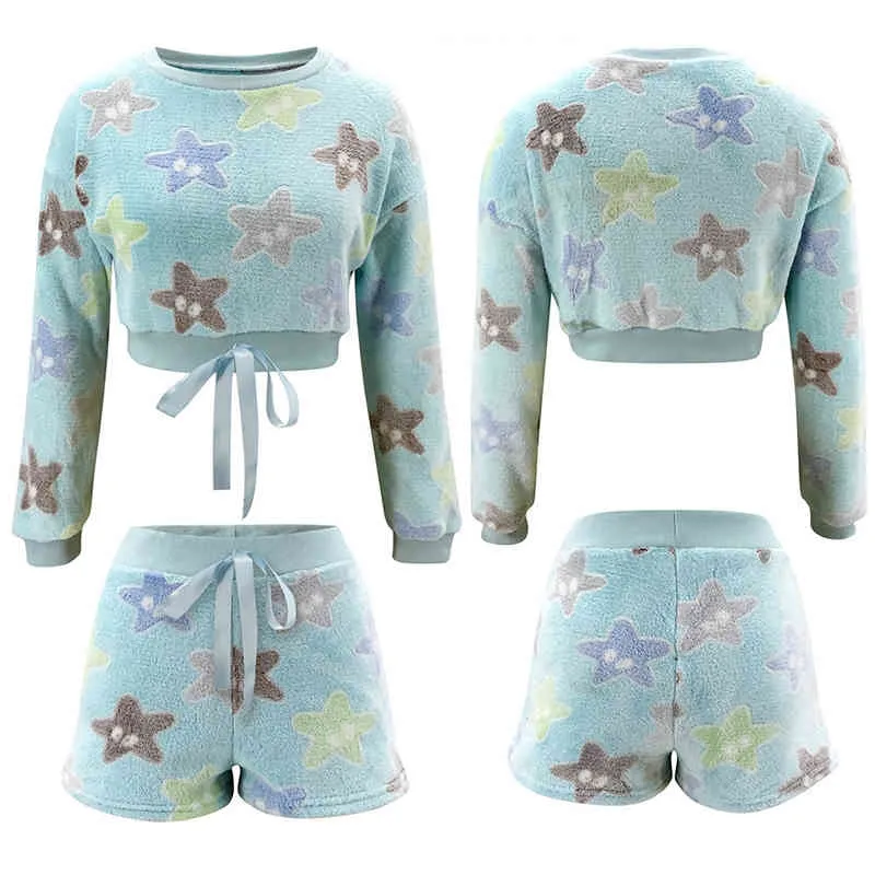 Comfort Casual Cute Fluffy Matching Sets Solid Star Print Long Sleeve Crop Top And Lace Up Shorts Women Pajamas Home Wear 210517