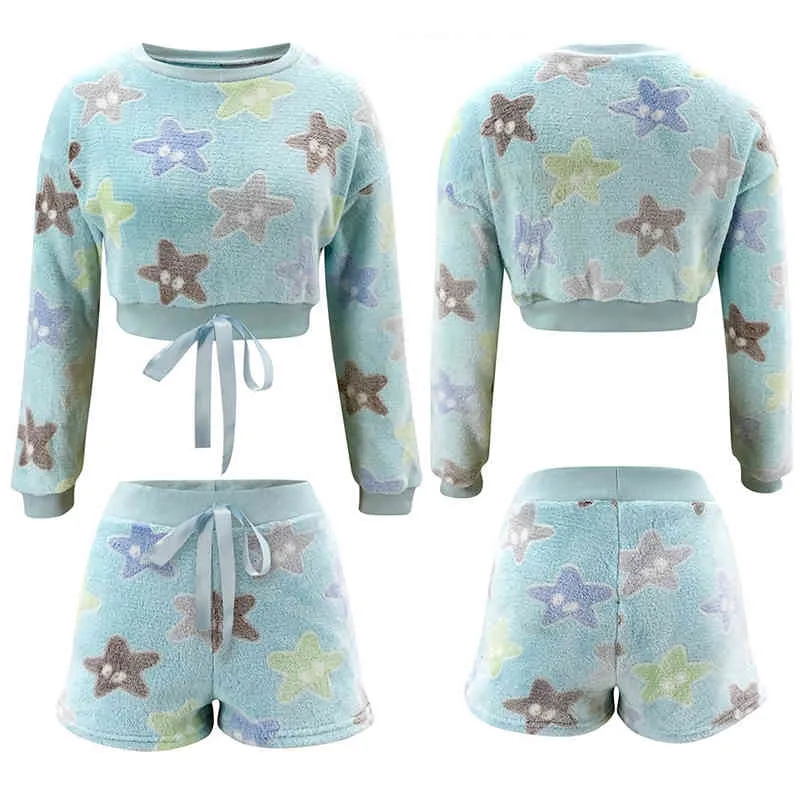 Confort Casual Mignon Fluffy Ensembles assortis Solid Star Print Top à manches longues et shorts à lacets Femmes Pyjamas Home Wear 210517