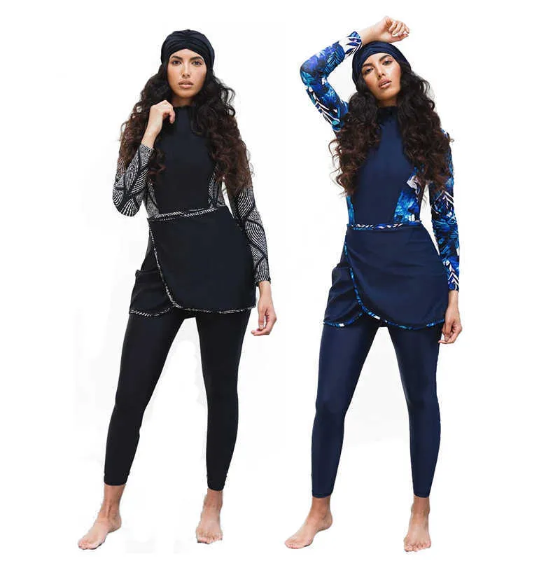 Muçulmanos Sofia Swimwear Mulheres Modestas Retalhamento Hijab Manga Longa Swimsuit Islâmicos Burkinis Wear Bathing Suit 4xl 210611