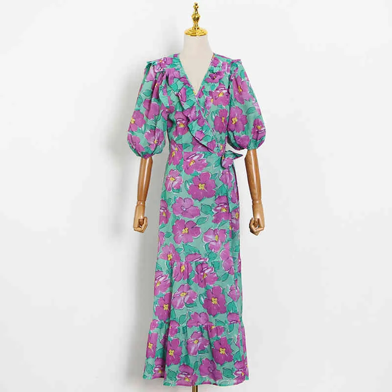 Robe à nœud papillon à imprimé floral pour femmes, col en V, manches bouffantes, taille haute, couleur vintage, mode féminine 210520