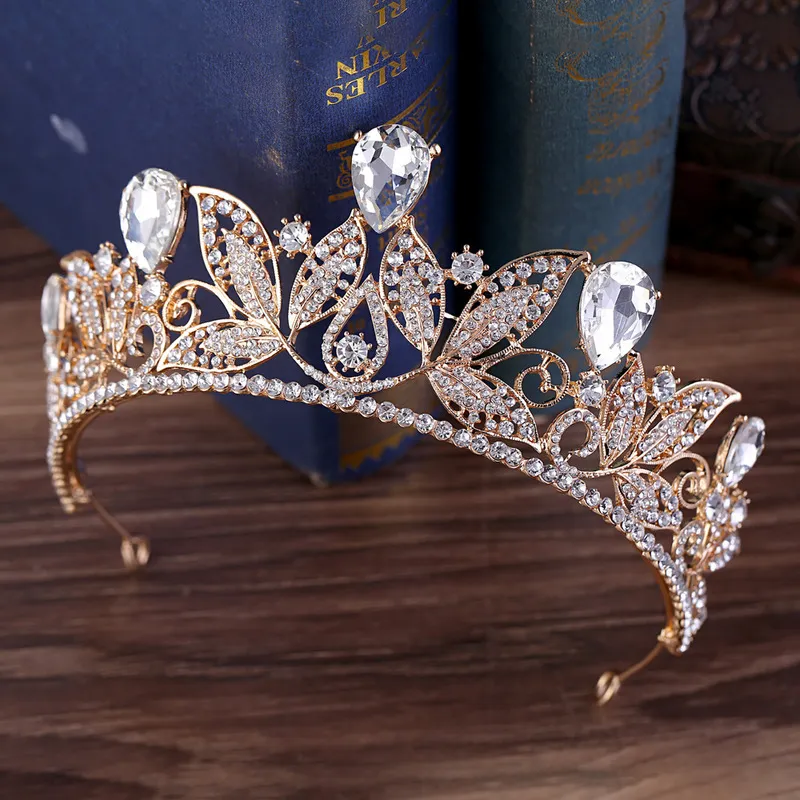 Vintage zielony czerwony ślubny tiara moda Złoty diadem dla kobiet suknia ślubna biżuteria