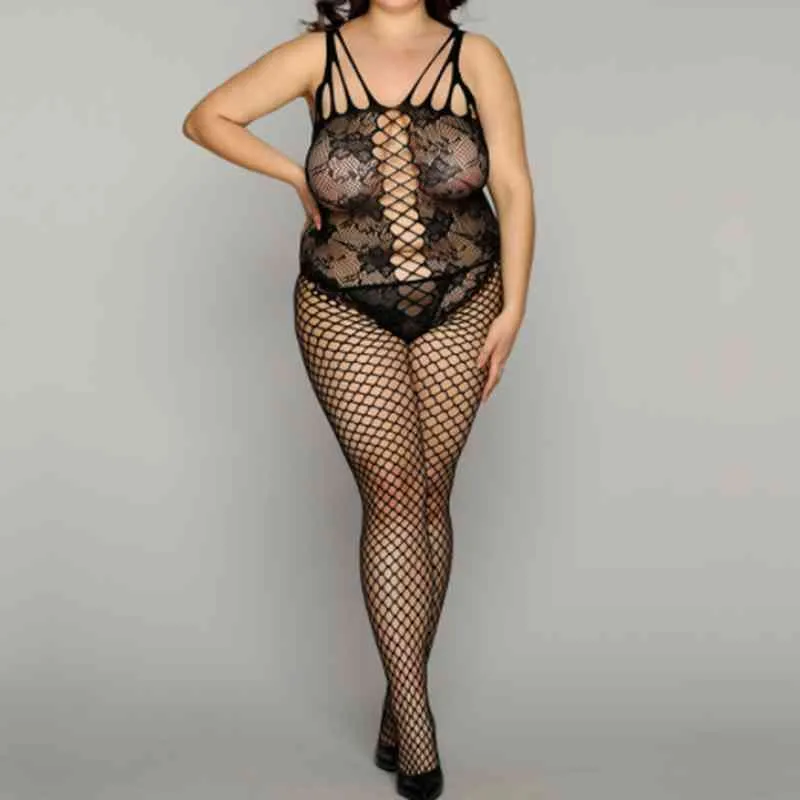 OMSJ Black Mesh Visnet Hol Bodysuit Dames Mode Sex Erotische Lingerie Mouwloze Floral See-through onesies One Size 210517