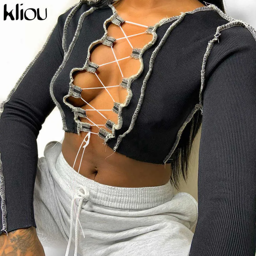 Kliou sexy scava fuori la fasciatura con coulisse manica intera crop top a coste a righe t-shirt corta club party wear abiti streetwear X0628