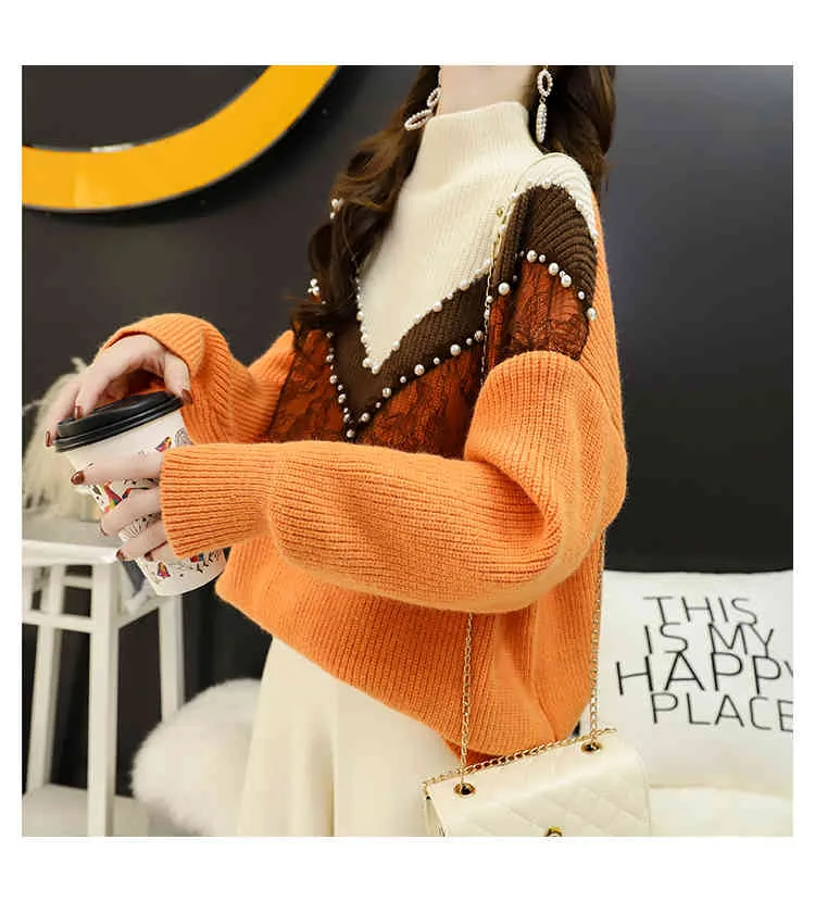 H.SA Arrivals Women Winter Pullover and Casual Pearl Beading Patchwork Soft Warm Knit Jumpers Gauze Sweaters 210417