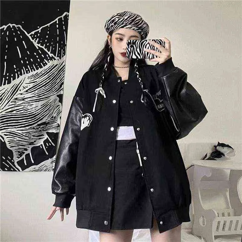 Jugendbekleidung Damen Jacke im koreanischen Harajuku-Stil, übergroße Jacke, Leder, reine schwarze Damenjacke 211109