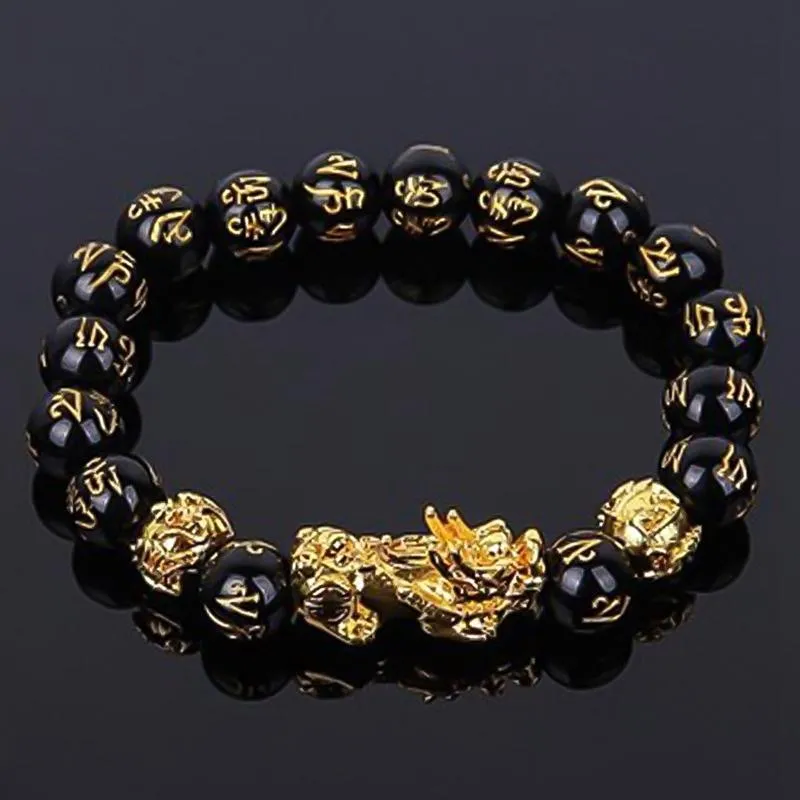 Charme Pulseiras Golden Pixiu Obsidian Pulseira Feng Shui Preto Bead Liga Riqueza Handmade Lucky Amulet Gift217E