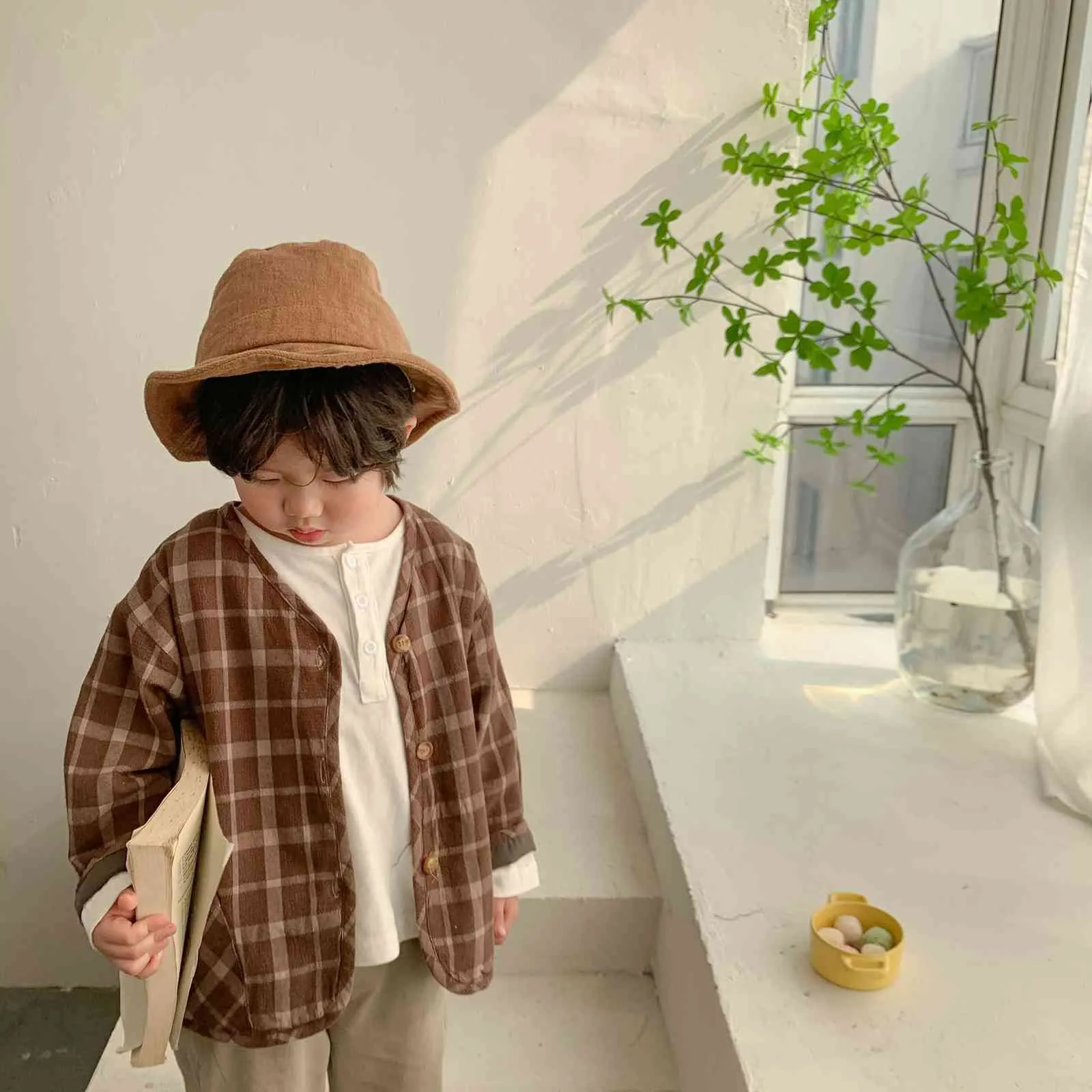 Корейский стиль весна летние хлопчатобумажные плед куртки детей тонкие повседневные унисекс пальметки 210508