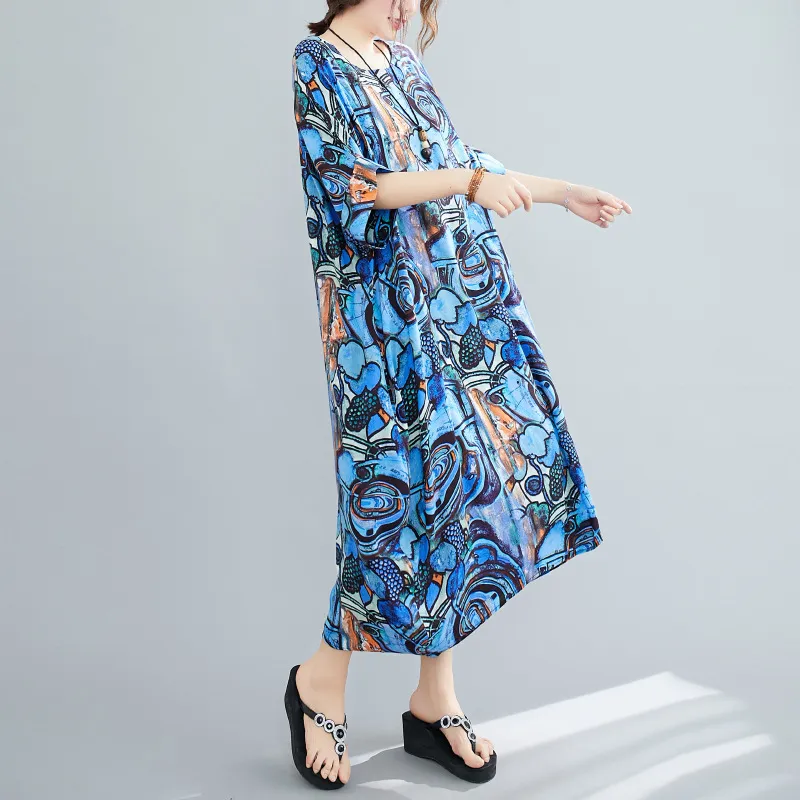 Johnature Summer Retro Sukienka Drukuj O-Neck Koreański Luźny Wygodny Pół Rękaw Plus Size Kobiety Vintage Dresses 210521