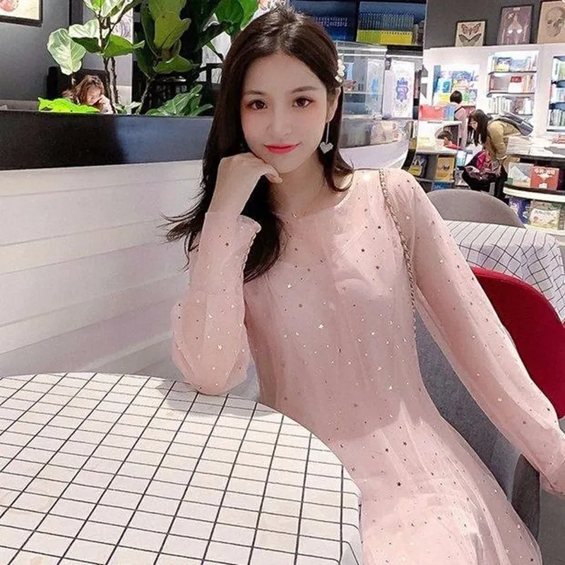スパンコール網2個ドレス女性エレガントなシックな甘い堅いロングドレスビンテージ韓国のvestidosファッション15760 210415