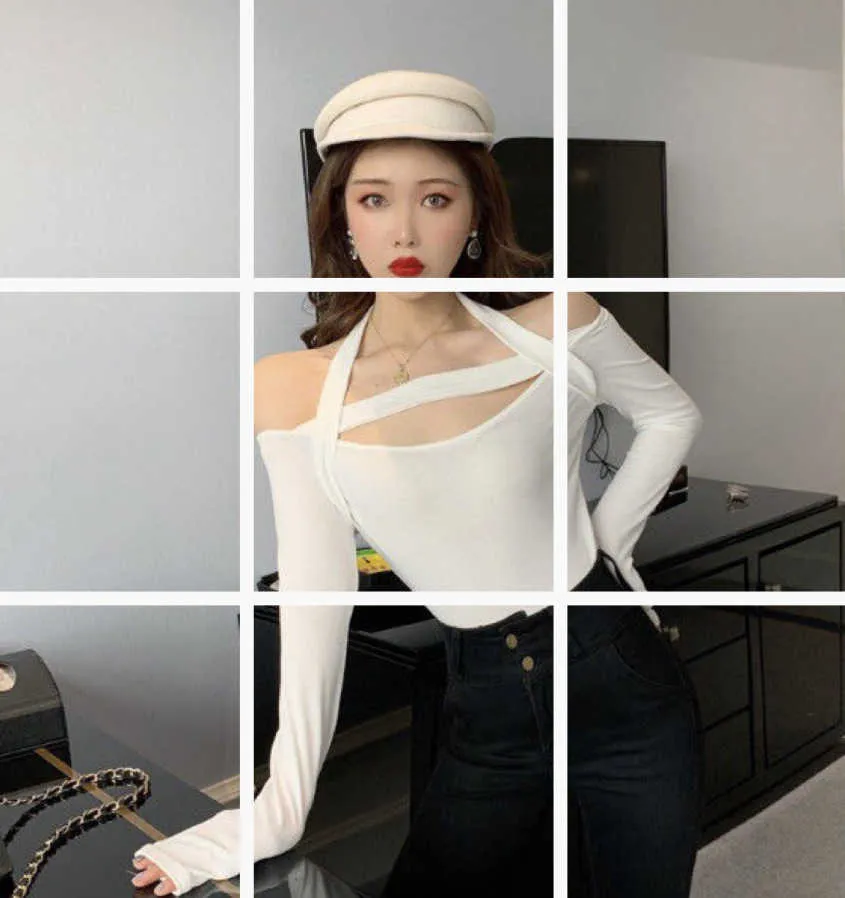 Senza spalline Autunno T Shrit le donne Bianco Corea Ragazza Fasciatura femminile Sexy Slim Top Summer Top Tshirt 82PJ 210603