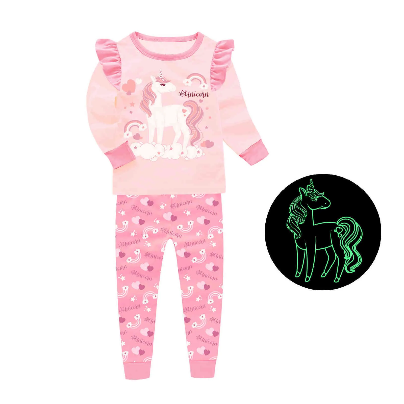 Einhorn Pijama Kinder Baumwolle Pyjama Set Cartoon Pyjama Kleidung Herbst Kinder Pjs Baby Glow in the Dark Für Teen Mädchen Hause anzug 211109